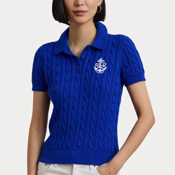 NWT Lauren Ralph Lauren Natrissa Embroidered Logo Cable Knit Cotton Polo Shirt - Picture 2 of 3